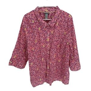 Catherines Button Up Top Womens Plus Size 3X 26/28W Pink Pineapple 3/4 Sleeve